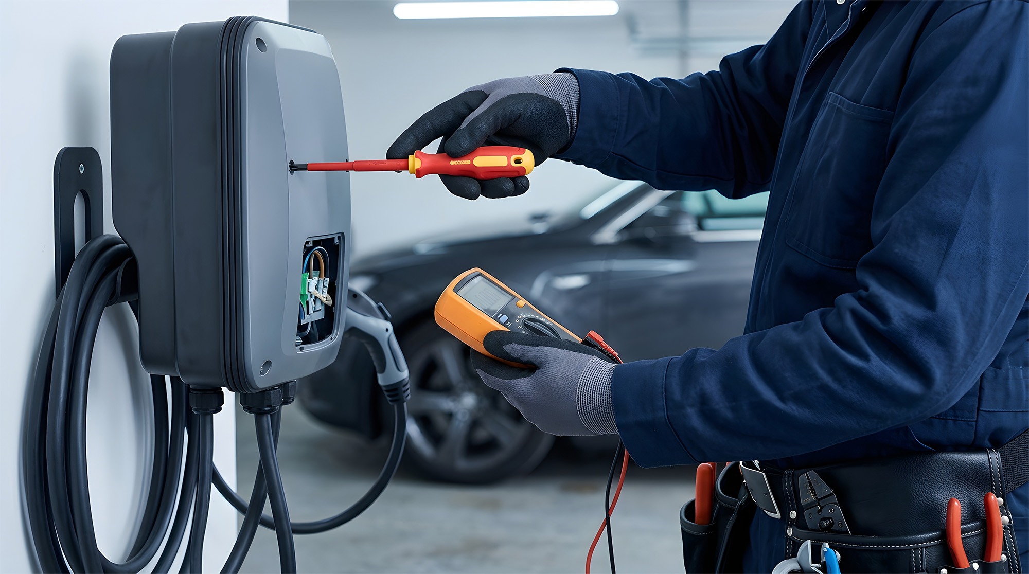 Electrician testing an EV charging station with a digital multimeter